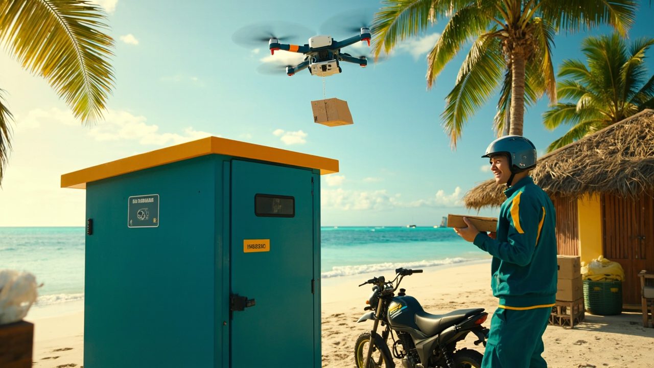A courier in a teal jacket holds a parcel beside a motorbike and a teal parcel locker as a drone flies overhead.