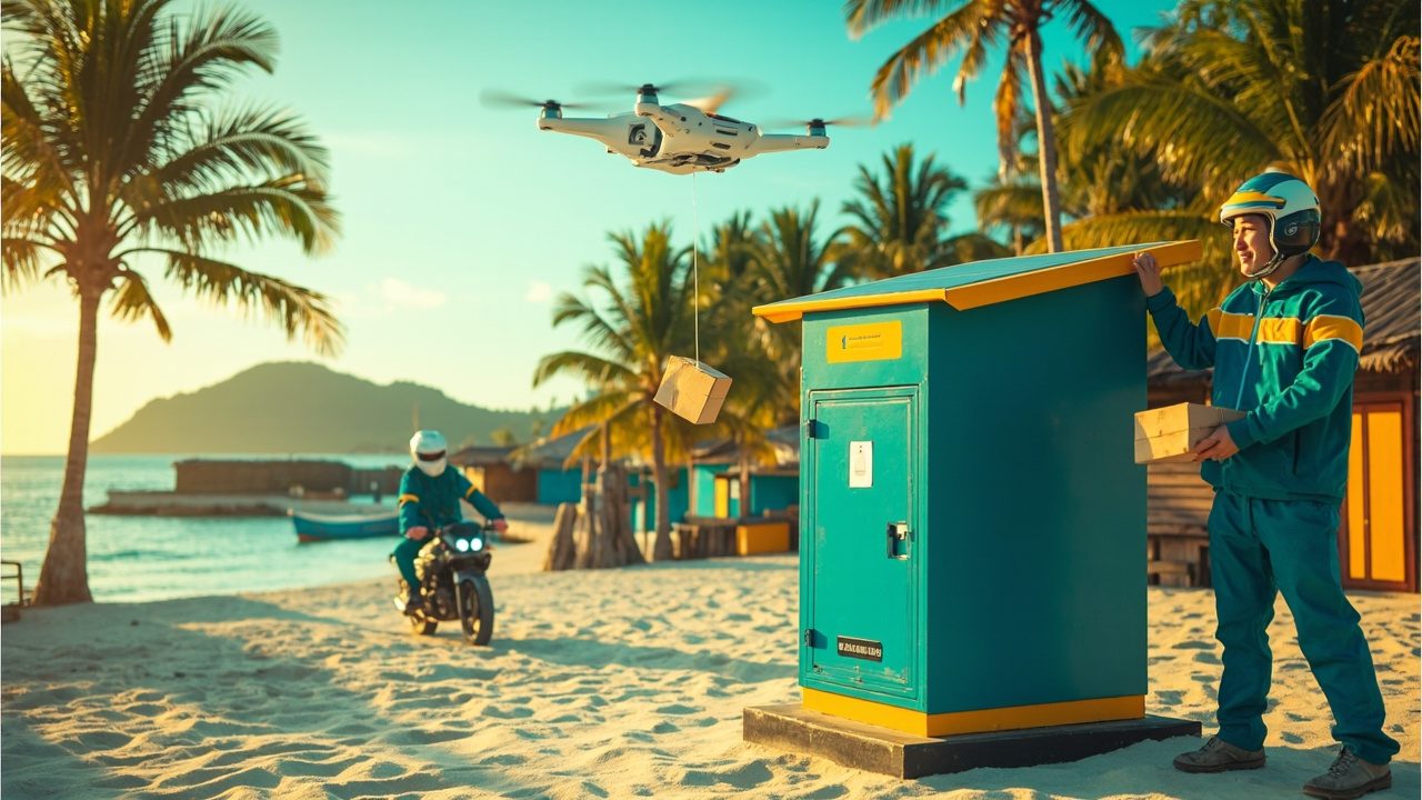 A drone lowers a parcel into a teal smart parcel locker on a beach while a courier stands beside it.